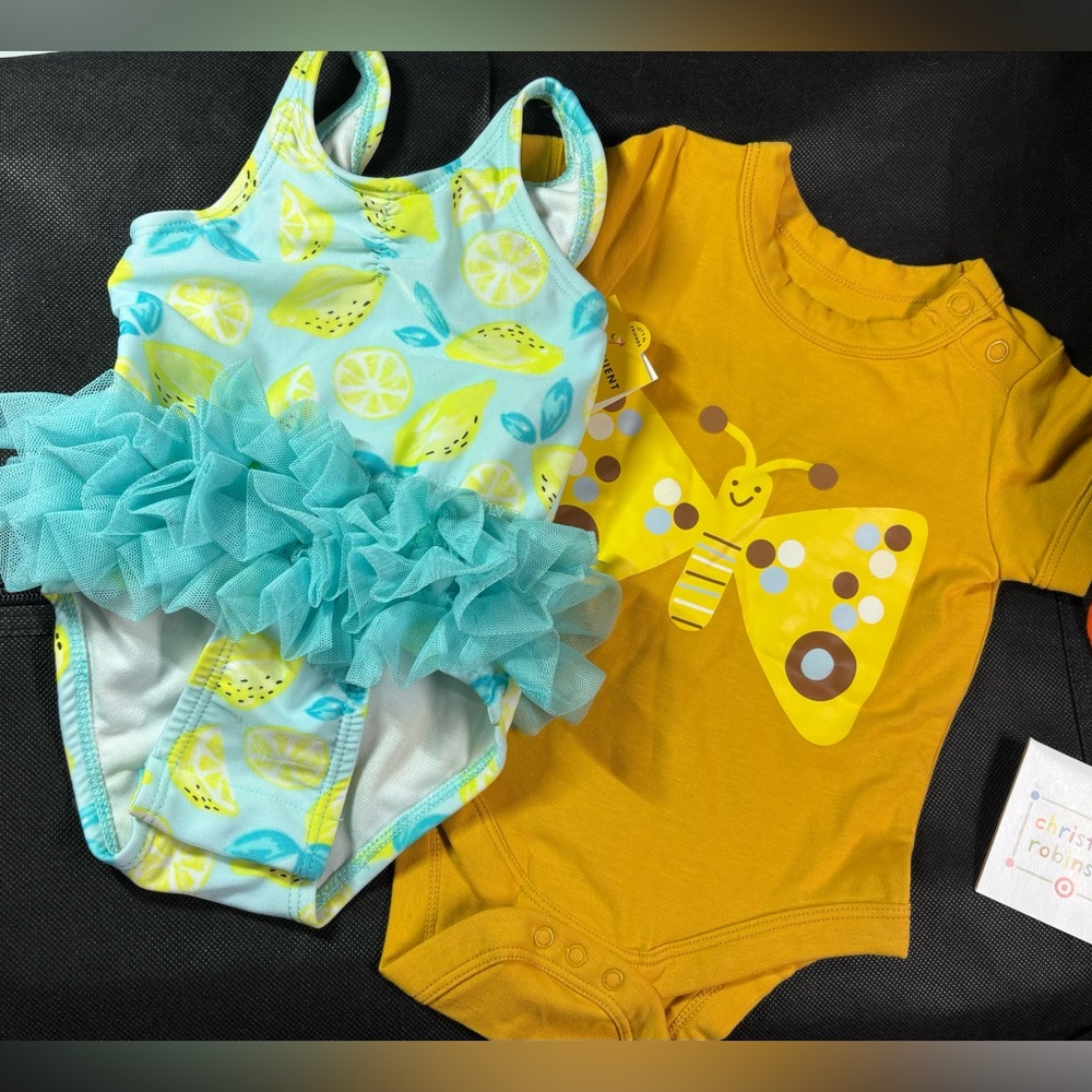 Lemon Print Bathing Suit and Butterfly Kids One Piece Bundle, size 3-6 months